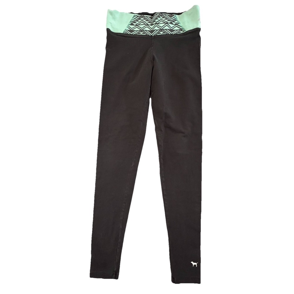 Victoria's Secret PINK XS Y2K Foldover Mint Green Logo Black Leggings Yogo Pants